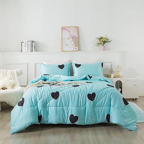 Caressma Comforter Set Twin Size - Light Blue Cute Heart Print Comforter Bedding Set, Soft Microfiber Comforter Set with Pillowsham Caressma
