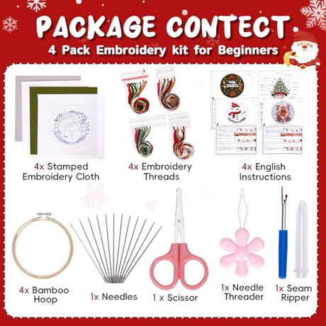 Christmas Embroidery Kit for Adults & Beginners, Gnomes & Christmas Tree Hand Embroidery Ornaments kit with Pattern, Cotton, Needles & Instruction, Christmas DIY Cross Stitch Kits Gifts (4pcs-B) BibYuga