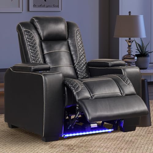 EBELLO Power Home Theater Seating, Electric Gaming Recliner Chair with Adjustable Headrest, Faux Leather Movie Reclining Chairs with Cup Holders LED Lights,USB Port,Hidden Arm Storage, Black