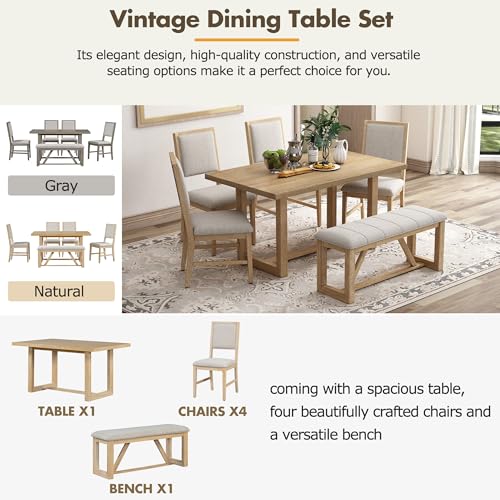 Merax Farmhouse Wood 6-Piece Dining Set, 59.6 inch Rectangular Table, 4 Upholstered Chairs and 1 Bench for Kitchen, Natural Merax