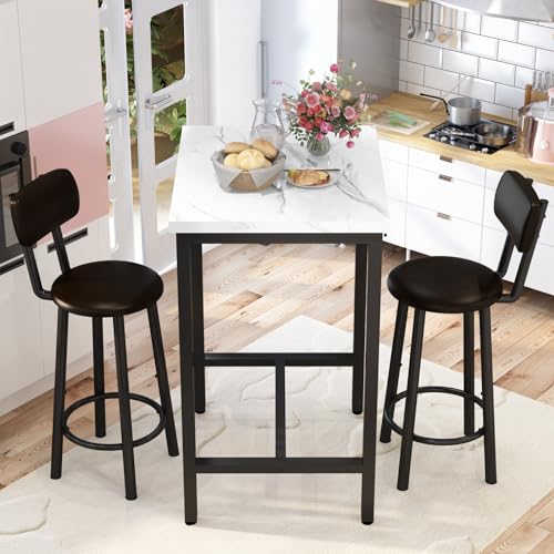 LTTROMAT Dining Table Set, 23.6” Square Faux Marble Table with 2 PU Upholstered Backrest Chairs, 3-Piece Kitchen Dining Room Set for Small Spaces, Kitchen, Restaurant Furniture, White LTTROMAT