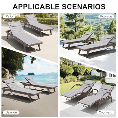 Crestlive Products Chaise Lounge Cushion Outdoor Set of 2, Foldable Waterproof Pool Lounge Chair Cushions with Straps, Lounger Cushions for Outdoor Furniture， 71''Lx21''W (Light Gray)