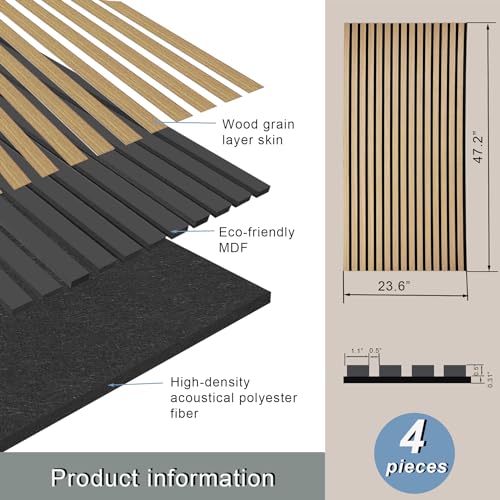 E-HAO 4-Piece Wood Slat Acoustic Panels for Stylish Decor and Noise Reduction, 3D Textured Panel for Ceiling and Wall - White Oak (47.2 L x 23.6 W - WoodArtSupply