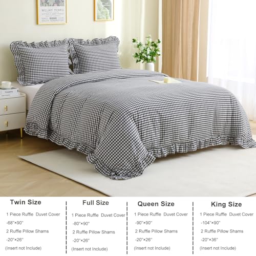 Silnuo Black/White Checkered Ruffle 3-Piece Duvet Cover Set King Size,Washed Cotton Shabby Gingham Plaid Bedding Set Farmhouse Comforter Set(King,Black/White) Silnuo