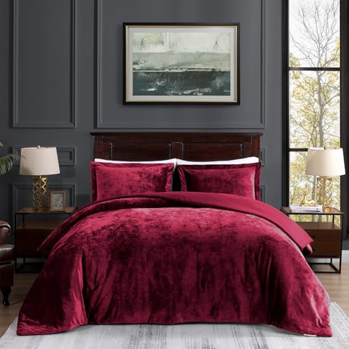 TAMGHO Crushed Velvet Maroon Burgundy King Size Comforter Set, Dark Red Luxury Soft Fluffy Bedding for All Seasons, 3 Pcs Bed Set Includes 1 Comforter (108"x96") and 2 Pillow Shams (20"x36")