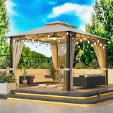 Hardtop Metal Gazebo,Heavy Duty Pergola with Mosquito Nets&Strip Lights,Galvanized Steel&Polycarbonate Roof,Sturdy Outdoor Canopies Tent,Suitable (Waterproof Fabric, 10X12 Soft Double Roof) Sannwsg