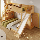 KLMM Twin Over Full Bunk Bed with Storage Staircase, Shelf and Slide,for Kids Teen Boys Girls Bedroom Use (Natural+Espresso-Slide, Twin Over Full) KLMM