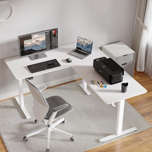 Cubiker L Shaped Standing Desk - 63 x 55 Inch Electric Adjustable Height Corner Standing Desk, Ergonomic Sit Stand Up Table with 3 Memory Buttons, Splice Board for Home Office, White Cubiker