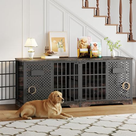 HOOBRO 71" Dog Crate Furniture for 2 Large Dogs, Heavy Duty Indoor Kennel with Removable Divider & Name Tags, TV Stand Cage Furniture for Medium & Large Dogs, Charcoal Gray & Black BC84GW03 HOOBRO