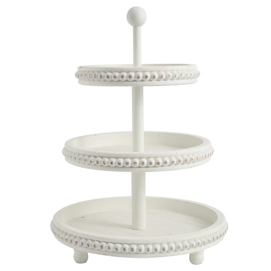 SwallowLiving Farmhouse 3 Tier Tray, White Three Tiered Tray Wood Stand with Shabby Chic Beaded for Home & Kitchen or Coffee Bar Decorations, 12.4 x 12.4 x 16.5 inchs - WoodArtSupply