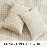 RECYCO Luxury Velvet Quilt Set King Size Bedding Sets, Ultra Soft Velvet Comforter Set, Lightweight Channel Box Stitch Oversized Bedspread Coverlet for All Season, with 2 Shams, Beige RECYCO