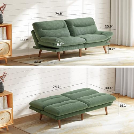 Marsail Futon Sofa Bed, 75” Futon Couch with Adjustable Backrest & Armrests, Convertible Small Sleeper Sofa Bed for Small Apartments, Study Room, Office, Corduroy Loveseat, Green Marsail
