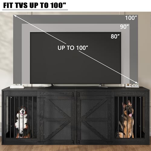 Nordee Axio 94.5 Inch Double Dog Crate Furniture, Farmhouse Dog Kennel TV Stand for 2 Large Dogs, Wooden Dog Cage Extra Large Breed with Divider & Solid Metal Tube, Black Nordee Axio