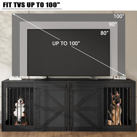 Nordee Axio 94.5 Inch Double Dog Crate Furniture, Farmhouse Dog Kennel TV Stand for 2 Large Dogs, Wooden Dog Cage Extra Large Breed with Divider & Solid Metal Tube, Black Nordee Axio