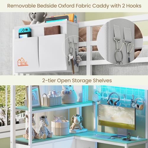 DICTAC Bunk Bed with L-Shaped Desk,5 Storage Drawers and 2 Shelves Metal Twin XL Over Twin Bunk Bed with LED Lights and Charging Station,bunk Beds with Safety Guardrail & Ladder,Space-Saving,White DICTAC