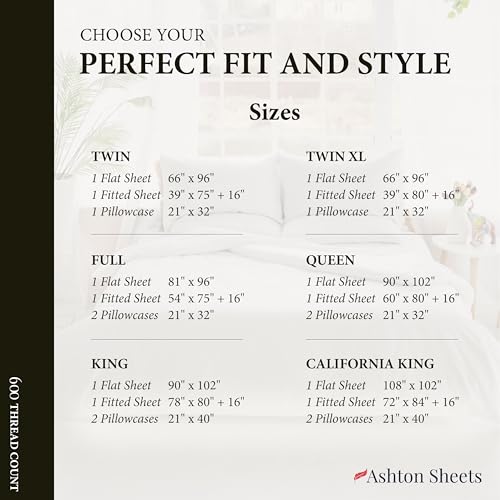 Ashton Sheets 100% Egyptian Cotton Queen Size Sheet Set - 600 Thread Count Egyptian Cotton Sheets Set for Queen Size Bed (4 Pc, White), Soft, Cooling, Luxury Hotel 16" Deep Pocket Sateen Bedsheet Ashton Sheets