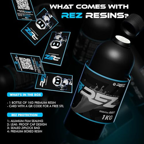 Rez Resin 1 kg, Essential Grey UV Photopolymer Resin for SLA/DLP/LCD 3D Printers, Ultra-High Detail, Fast-Curing Tough Resin for Highly Detailed Models, high Strength and Low Odor, 2K 4K 6K 8K REZ
