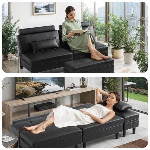 DRMBOOK Convertible Futon Sofa Bed Set with Storage Ottoman, Adjustable Recliner Sleeper Sofa Bed with Side Pocket, Comfy Futon Couch with Table for Living Room, Dorm, Office (Faux Leather, Black) DRMBOOK