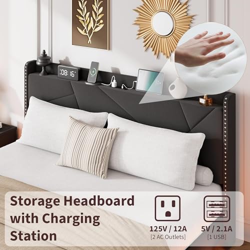 Garvee King Size Floating Bed Frame with RGB LED Lights and Charging Station, Upholstered Platform Bed with Storage Headboard and Button Tufted Design, No Box Spring Needed, Black Garvee