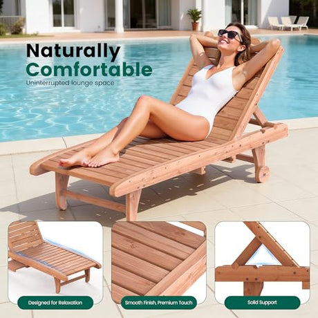 EUNHOO Wooden Chaise Lounge Chair, 3-Position Adjustable Outdoor Tanning Chair with Hidden Side Tray & Wheels, Poolside Patio Sun Chair EUNHOO