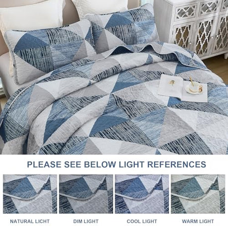 Dintszyayue King Size Quilt Blue, 3 Pieces Patchwork Bedspread Bedding for King Size Bed, Soft Lightweight Microfiber Geometric Coverlet Set for All Season Quilts with 2 Pillowcases Dintszyayue