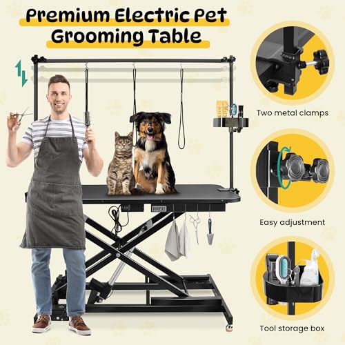 Innvello 49.2" Electric Grooming Table for Large Dogs, Foldable Hydraulic Height Adjustable Home Indoors with Overhead Grooming Arm, Clamps, Foot Control and 3 Nooses Suitable for Cat&Dog/Black