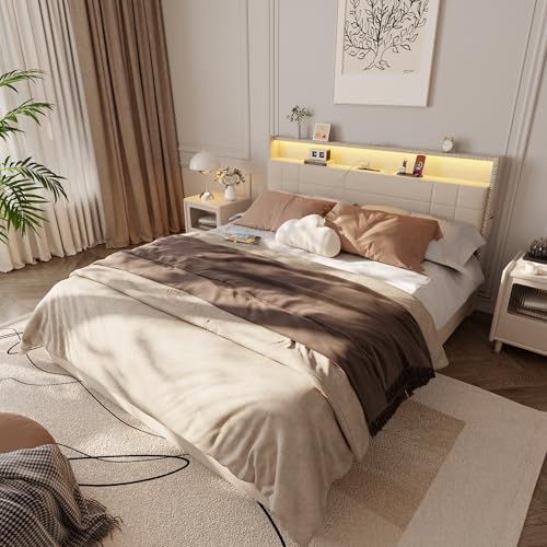 Forestell Queen Bed Frame with 4 Drawers and Storage Headboard, Upholstered Platform Bed Frame Queen Size with LED Lights and Charging Station, Metal Slats Support, No Box Spring Needed, Beige Forestell