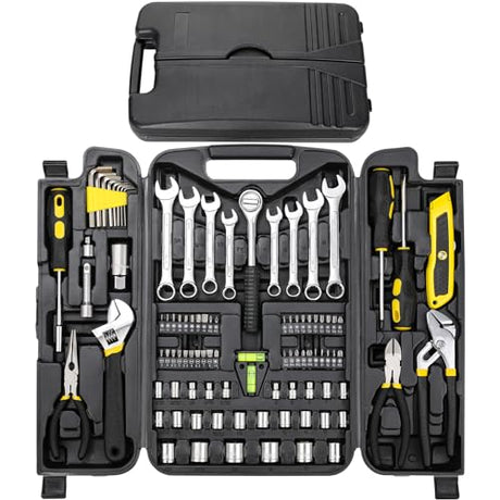 TLGREEN 95 Piece Tool Set, Tool Kit, Mechanics Tool Set, Portable Toolbox with Adjustable Wrench Pliers Socket Bits, with Plastic Toolbox Storage Case, for House Apartment Garage (Yellow) TLGREEN