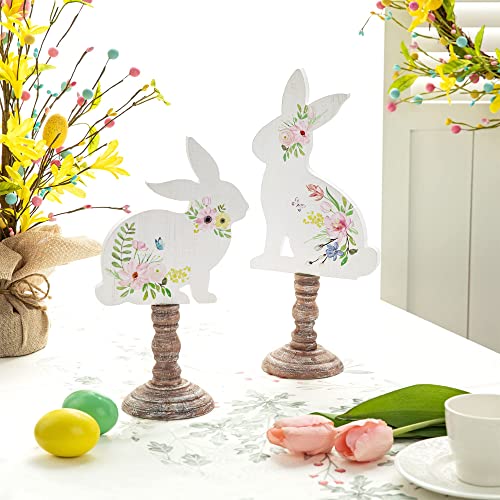 Glitzhome Easter Bunny Decor Set of 2 Wooden Bunny Signs Table Decor Farmhouse Rustic Wood Bunny Blocks Hand Painted Rabbit Statues for Spring Decorations Home Mantel Easter Collectible Ornaments Glitzhome