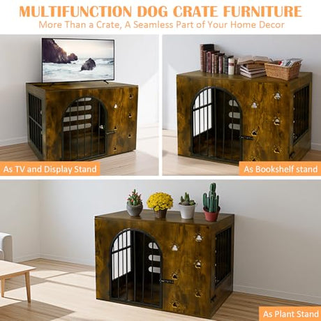Coolsheepsia Dog Crate Furniture for Small Medium Dogs, Heavy Duty Wood Metal Indoor Dog Kennel with Bowls, Decorative Pet Cage Dog House as TV Stand, Brown Coolsheepsia
