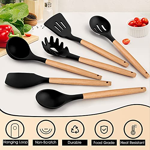 E-far Cooking Utensils Set of 6, Silicone Kitchen Utensils with Wooden Handle, Non-stick Cookware Friendly & Heat Resistant, Includes Spatula/Ladle/Slotted Turner/Serving Spoon/Spaghetti Server(Black) E-far