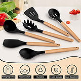 E-far Cooking Utensils Set of 6, Silicone Kitchen Utensils with Wooden Handle, Non-stick Cookware Friendly & Heat Resistant, Includes Spatula/Ladle/Slotted Turner/Serving Spoon/Spaghetti Server(Black) E-far
