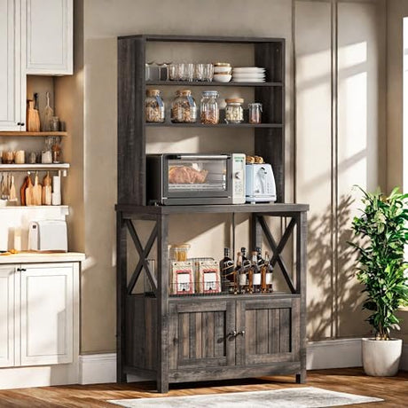 YITAHOME Bakers Rack with Power Outlet and Storage Cabinet Door, 5-Tiers Kitchen Tall Microwave Stand, Farmhouse Small Pantry Hutch, Thickened Counter Coffee Bar Station with Shelves, Black Oak YITAHOME
