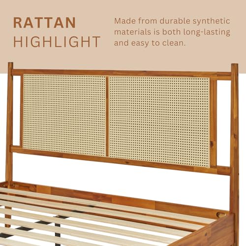 Oliver Queen Size Bed Frame - 15-Inch Mid Century Design with Rattan Headboard, Bohemian Style, No Box Spring Needed, Easy Assembly in Caramel Bme