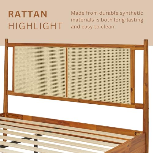 Oliver Queen Size Bed Frame - 15-Inch Mid Century Design with Rattan Headboard, Bohemian Style, No Box Spring Needed, Easy Assembly in Caramel - WoodArtSupply