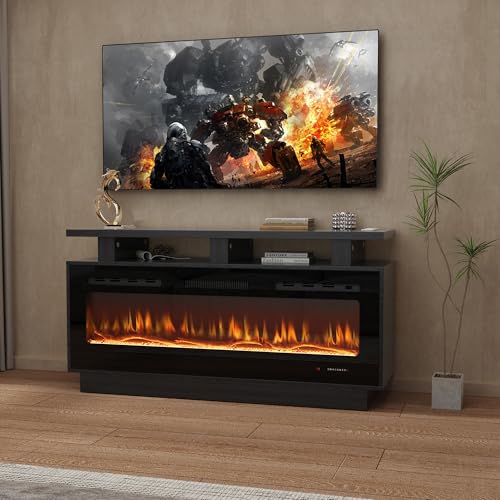 Fireplace TV Stand with 50" Smart Electric Fireplace, Modern Wood Entertainment Center with Mantel&Built-in Power Outlets, Fireplace Cabinet for Living Room (Black, 50" WiFi) HOMTHING