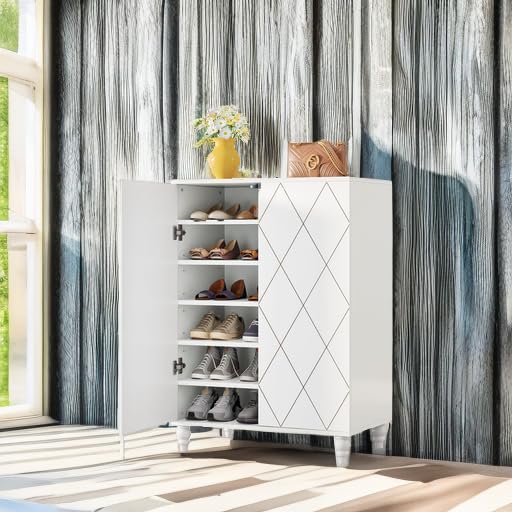 Tribesigns Shoes Organizer Cabinet with Adjustable Shelves and Solid Wood Legs, Shoe Storage Cabinet with Door, 7-Tier Wooden Shoes Rack Cabinets for Entryway (White) - WoodArtSupply