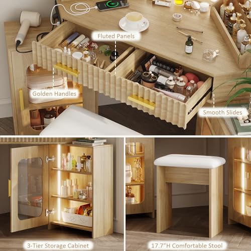 ZKIODV Corner Vanity Desk with 3 Way Mirror & LED Lights, Makeup Table Set with Charging Station, Storage Drawers & Cabinets, Modern Dressing Table with Stool for Bedroom, Women & Girls Gift (Oak) ZKIODV