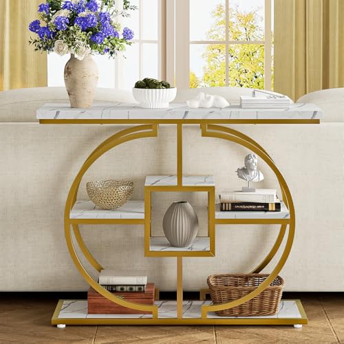 GiftGo Narrow Console Table for Entryway Industrial 4-Tier Sofa Table Behind Couch with Circle Base Rustic Wooden Accent Tables with Storage Shelves for Living Room, Hallway, Foyer (Gold and White) GiftGo