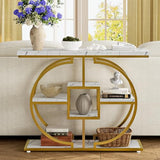GiftGo Narrow Console Table for Entryway Industrial 4-Tier Sofa Table Behind Couch with Circle Base Rustic Wooden Accent Tables with Storage Shelves for Living Room, Hallway, Foyer (Gold and White) GiftGo
