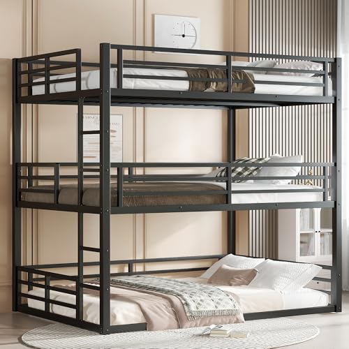 Harper & Bright Designs Heavy Duty Triple Bunk Bed, Full Over Full ove Full Bunk Bed with Ladders, Metal Bunk Beds with Guardrails for Kids, Teens, Adults, Noise-Reduced, Black Harper & Bright Designs