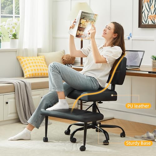 Criss Cross Legged Office Chair with Wheels,Swivel Meditation Chair for ADHD,Ergonomic Cross Legged Desk Chair with Thicken Adjustable Footstool,PU Sitting Fidgeting Kneeling Chair for Home Yoga Black BIGGARSIT
