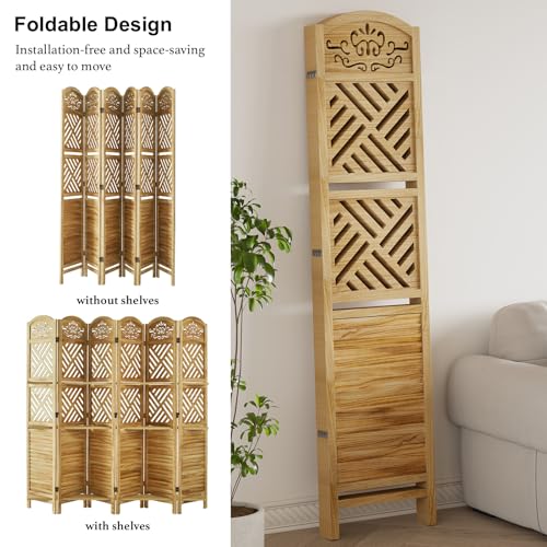 Room Divider with Shelves, 5.75ft Tall Folding Wood Carved Screen with Double Hinges for Home Office Bedroom Hotel Decoration (6 Panels, Natural) Svimi