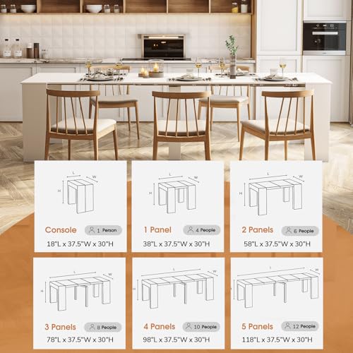 20"-118" Extendable Dining Room Table Console Table, Modern Large Dining Table for 2-14 People, White Wood Extendable Kitchen Console Table with Wood Legs for Entryway Henf