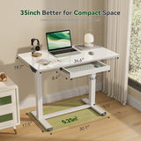 Gibbon Mounts Glass Standing Desk with Drawers,35inch Small Mobile Laptop Desk, Height Adjustable Rolling Sit Stand Desk, White Pneumatic Portable Computer Desk with Hidden Wheels or Lockable Casters Gibbon Mounts