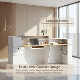 ZIMASYA 86.6" Modern Front Desk Reception Counter,Commercial Reception Room Tables with Built-in Outlets,Combination Lock Drawers, LED Lights for Office Beauty Salon Retail Store,White
