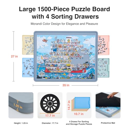 WELGEE Rotating Puzzle Board for 1500 Pieces with Drawers and Cover | Upgraded Lazy Susan Spinning Jigsaw Puzzle Organizer Table (35"x27") | Durable ABS Plastic, Ideal Gift for Mum