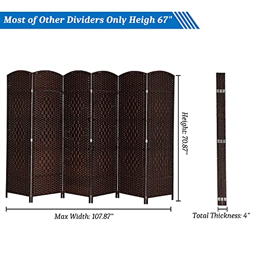 VINGLI 6-Panels Tall Rattan Room Divider, 6 FT Folding Privacy Screen, Indoor Partition Wall Dividers, Freestanding Hinged Space Separator (Dark Brown) VINGLI