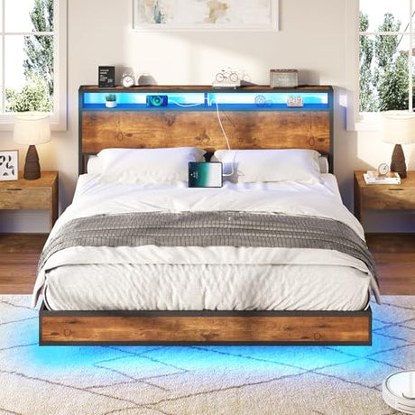 AMERLIFE King Size Floating Bed Frame with 2-Tier Storage Headboard, Metal Bed Frame with Charging Station & LED Lights, No Box Spring Needed, Rustic Brown AMERLIFE