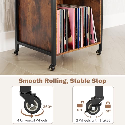 LOKO 3-Tier Rolling Record Player Stand, Mobile Turntable Stand with Power Outlet, Open Shelf & Dividers, Metal Frame, Industrial Vinyl Record Storage Table on Wheels for Living Room, Bedroom LOKO